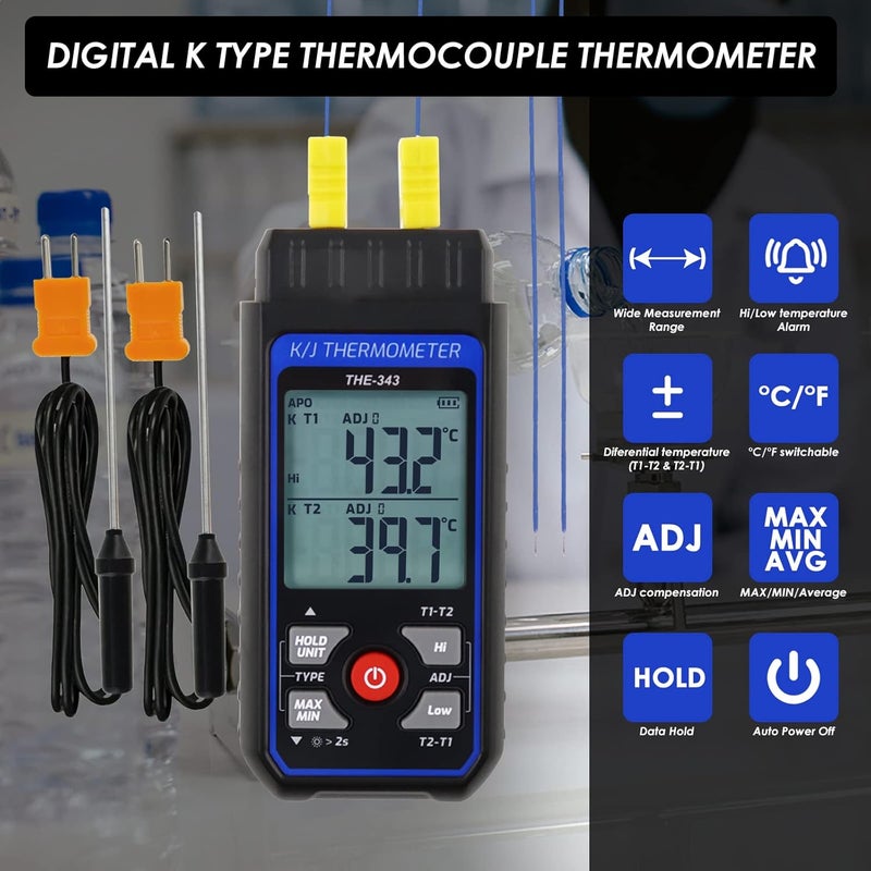 DANOPLUS Thermocouple Thermometer Digital K Type Thermometer with 4 Thermocouples, -328~2500℉ Measuring Range HVAC Dual Channels Temperature Meter Gauge with LED Backlight & ADJ Compensation - Image 2